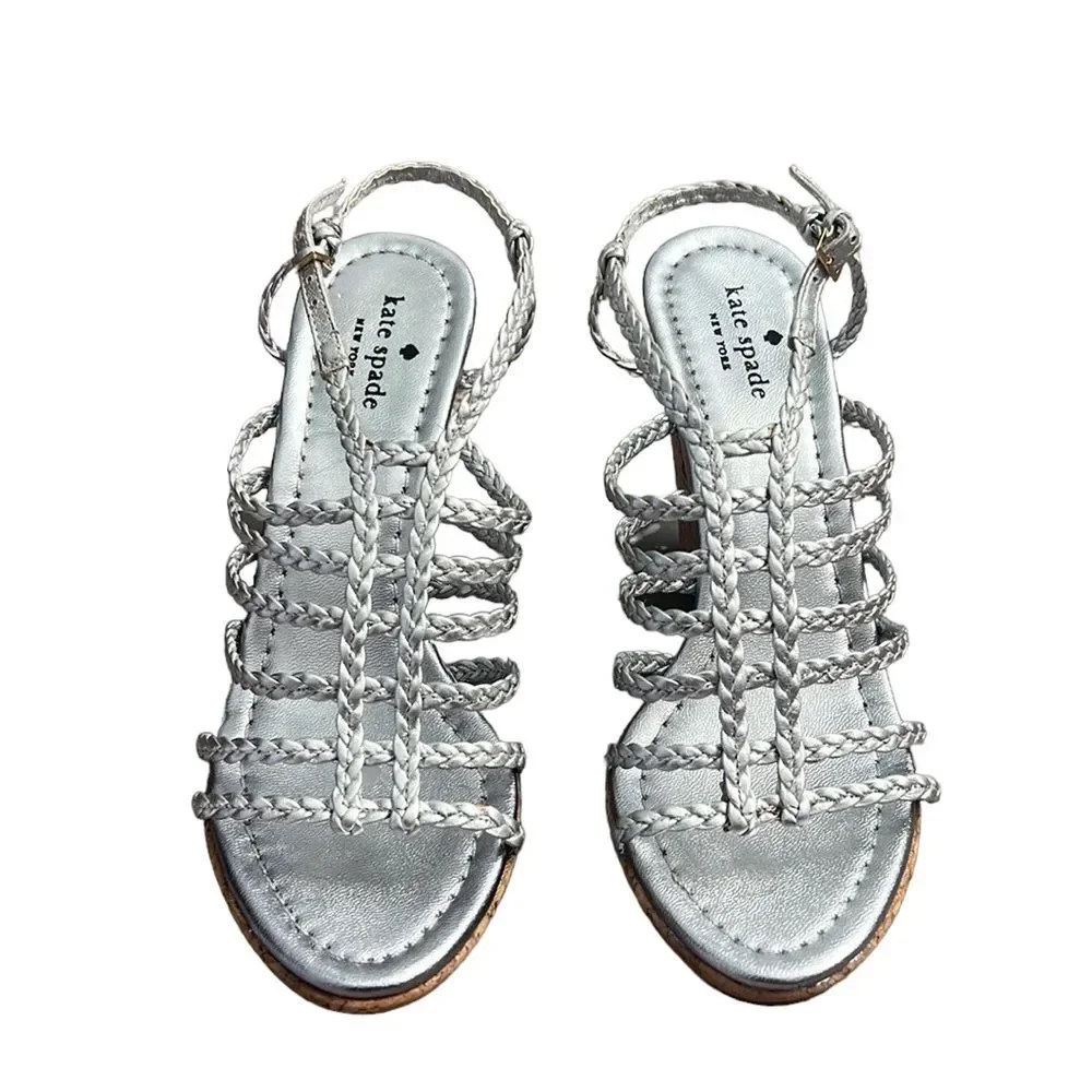Kate Spade Felix Silver Braided Strappy Cork Wedge Sandals Size 7